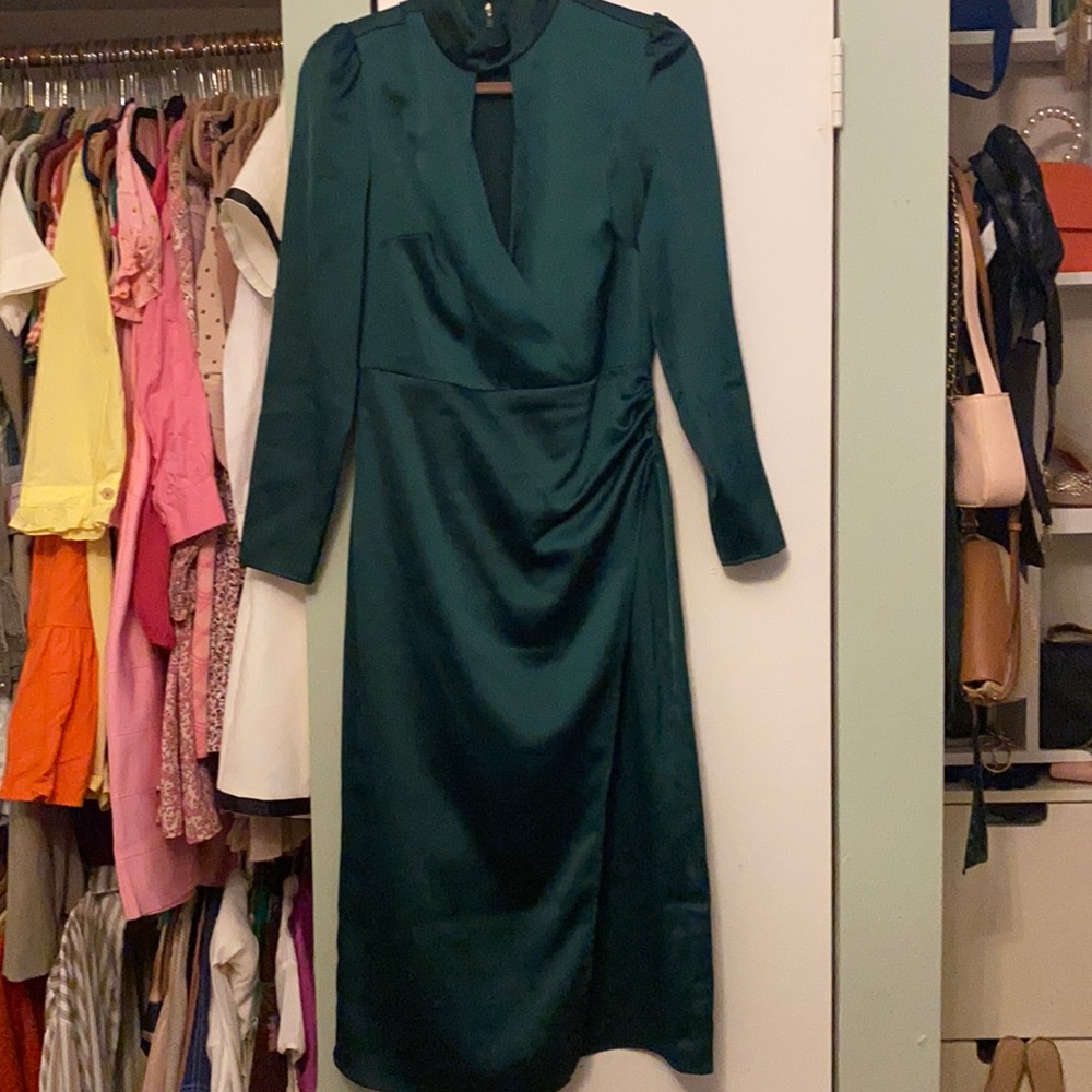 Emerald green satin ruched Guess midi dress